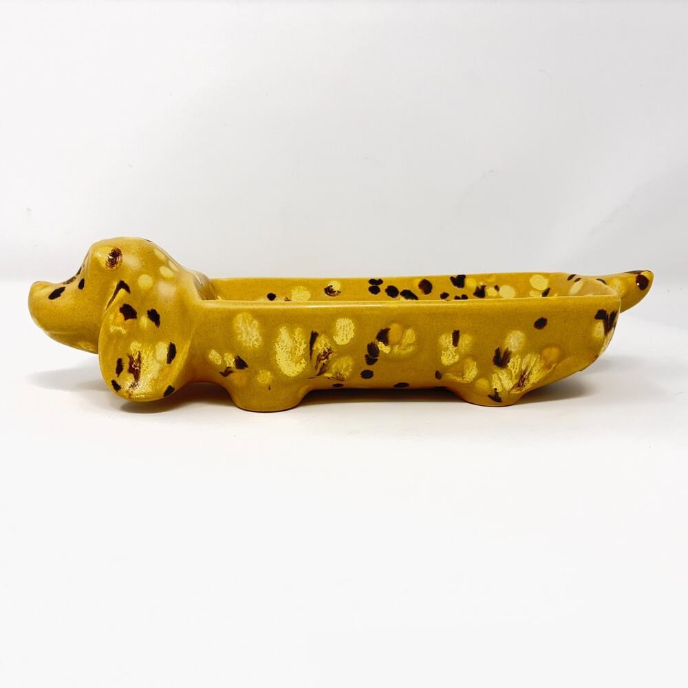 Vtg Dachshund Wiener Dog Serving Cracker Candy Dish Ceramic Bar Sponge Speckled - Picture 2 of 10